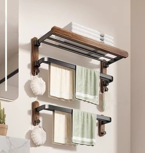 도매 다기능 고급 수납 선반 2단 블랙 메탈 수건 및 옷걸이 방수 목재 거실용 - Product Image 4