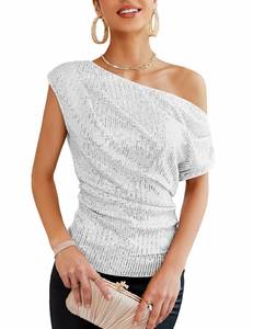 2025 primavera ed estate nuove da donna a manica corta a spalla singola con paillettes a manica corta elegante <span class=keywords><strong>camicetta</strong></span> da donna sottile - Product Image 6