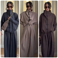 Setelan Wanita Kasual Musim Gugur Terbaru, Jaket Lengan Panjang Kerah Tegak, Celana Kaki Lebar, Model Longgar, Kancing, Grosir Butik