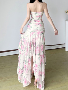 Tea <span class=keywords><strong>Break</strong></span> phong cách đồng quê nhẹ nhàng hoa gauzy ống không đều Top DRESS Xếp Li Eo chặt chẽ thiết kế cảm giác vỏ bọc Ăn mặc - Product Image 4