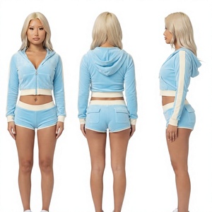 Conjunto de dos piezas de chándal para mujer, top corto con capucha y cremallera de terciopelo azul, pantalones cortos con franja lateral - Product Image 1