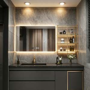 Armoire de salle de bain murale en bois |   Design noir-gris + accents dorés |   Miroir LED et rangement ouvert pour petits espaces - Product Image 2