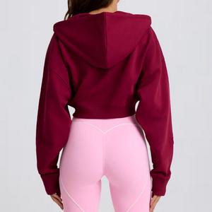 Sudadera con Capucha Corta Personalizada OEM, Color Borgoña, Hombros Caídos, Mangas Largas, 100% Algodón Jersey, Felpa Francesa, Sudadera con Capucha para Mujer - Product Image 4