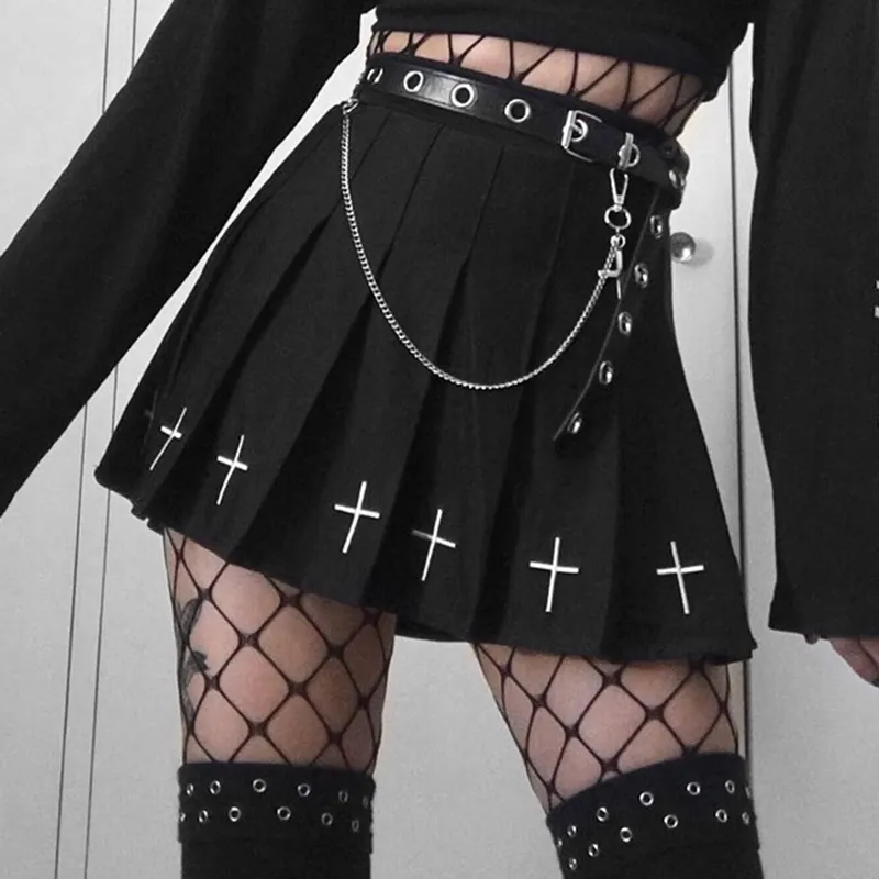 High Waist Mini Black Skirts Gothic Streetwear Cross Print Pleated Skirts Women Casual College Harajuku Skirt