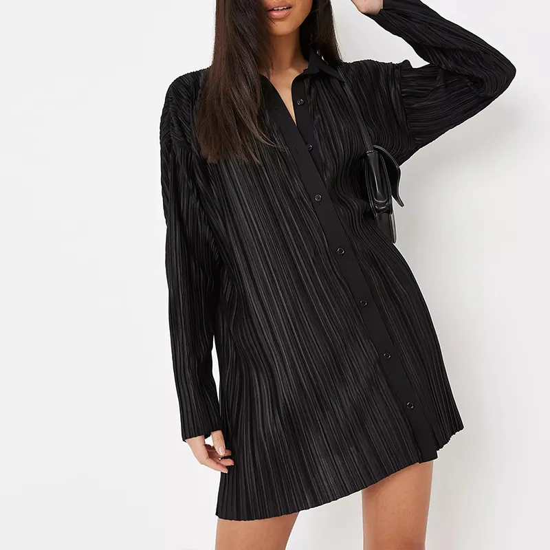 2022 Women Spring Clothing Custom Solid Black Pleated Mini Length Turn Down Collar Long Sleeve Oversized Casual Long Shirt Dress