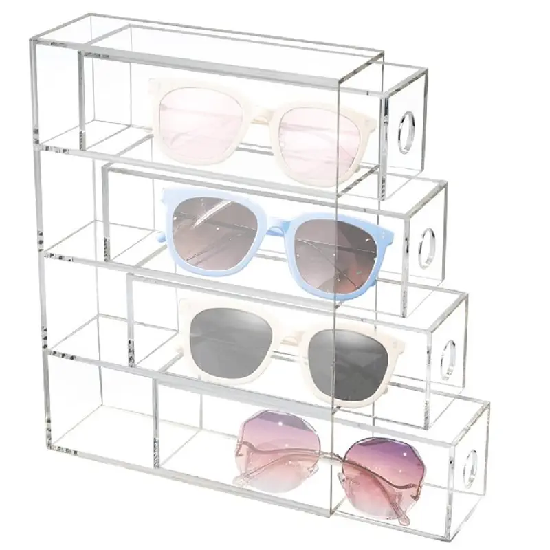 Yeni ürün akrilik şeffaf istiflenebilir saklama kabı 4-Grid dikdörtgen saklama kutusu gözlük toz geçirmez ekran kutusu