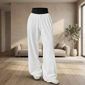 <b>Womens</b> Summer Beach Pants <b>Wide</b> <b>Leg</b> Drawstring <b>Trousers</b> <b>White</b> Breathable Casual Mid Waist Knitted Fabric Washless - Product Image 3