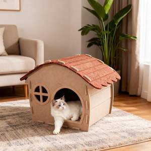 Maison pour chat en feutre de laine naturelle écologique, détachable, pliable, avec toit et fenêtre, confortable, chaude, cachette intérieure, capacité de 66L - Product Image 4