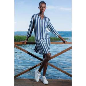 Robe chemise en coton et viscose pour femme, col en V, manches 7/8, bleu marine - bleu marine - Product Image 4