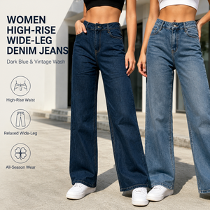 Jeans da Donna a Vita Alta, Gamba Larga, Blu Scuro, Lunghezza Intera, Vestibilità Comoda, Tinta Unita, in Cotone Lavato, Traspiranti, Stile Autunnale - Product Image 2