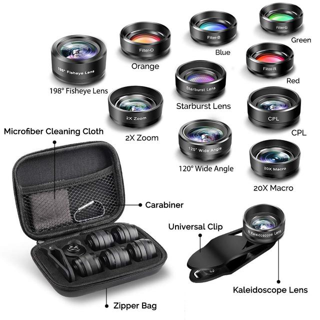 New Mobile Phone Camera Lens Kit 11 in 1 Fisheye Wide Angle Zoom Macro Filter Lens Kit for All Phone External Phone Lens