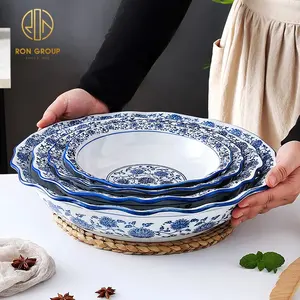 중국 스타일 사용자 정의 로고 레스토랑 세라믹 레트로 Bule 및 화이트 디자인 도자기 디너 플레이트 그릇 세트 식탁