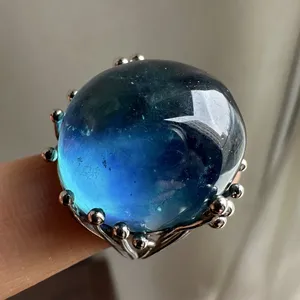 Grande <span class=keywords><strong>bague</strong></span> de mariage classique en aquamarine bleue naturelle pour femmes et hommes, perles ovales en cristal Reiki de guérison, argent, 22x19mm - Product Image 3