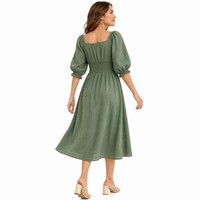 Robe midi femme en mélange lin-soie 160 GSM, col carré, manches bouffantes, taille smockée, style pastoral néo-zélandais, vente en gros, personnalisable OEM