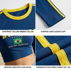Custom Logo Brazilcore <b>Aesthetic</b> Women Long Sleeve Crop <b>Top</b> Brazil Logo Print Y2K Vintage Sports Style Streetwear Tee - Product Image 3