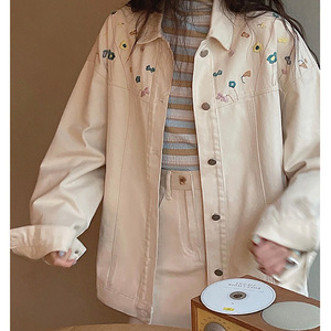 Veste en <span class=keywords><strong>jean</strong></span> <span class=keywords><strong>beige</strong></span> brodée pour femmes, version coréenne avec revers ample et veste polyvalente, pour le printemps et l'automne - Product Image 6