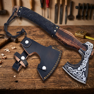 Viking Tomahawk Hatchet With Engraved Steel <b>Head</b> Wood Handle Leather Sheath Survival Axe Outdoor Use - Product Image 3