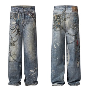 <span class=keywords><strong>Jean</strong></span> baggy vintage Huanqiu pour <span class=keywords><strong>homme</strong></span>, bleu délavé, coupe droite, jambe large, en denim épais et tendance - Product Image 2