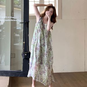 Sweet Purple Floral Print Sundress For Women Tie Neck Loose Waist Casual Long Dress Summer Style - Product Image 2