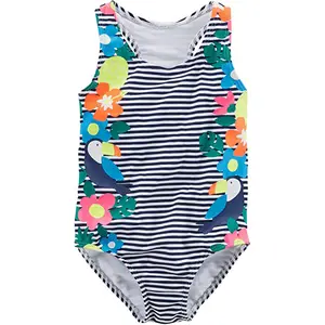 Bañador con correa de volantes para niños, traje de baño de una pieza con estampado de pantalla, bonito Bikini de poliéster