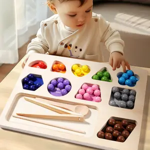 Wooden Board Bead Toy Math Games Shape Learning Puzzles Color Matching Clip Bead Puzzle Montessori Toys for Kids