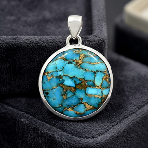 Pendentif classique unisexe fait main en argent sterling 925 massif avec pierres précieuses turquoise cuivrée bleue pour mariage, fête, fiançailles, troisième personne - Product Image 2