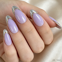 Prêt à expédier – 24 faux ongles à presser, couleur lavande, avec paillettes argentées, pointe française et contour doré, longs, forme amande, réutilisables