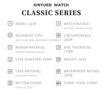 Montre mécanique automatique pour homme KINYUED, bracelet en acier inoxydable, phase de lune, date, tourbillon, étanche 3BAR
