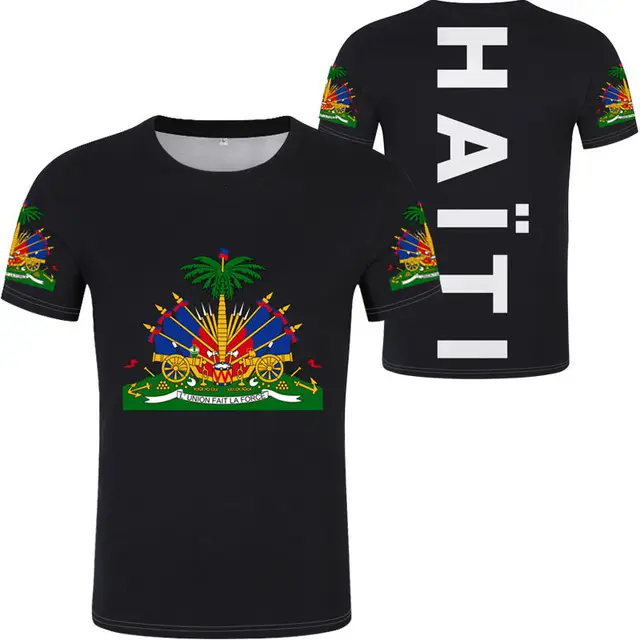 Siyah katı Haiti Tshirt Haitian bayrağı giyim özel Logo gömlek Polyester tayt malzeme ucuz fiyat küçük sipariş toptan