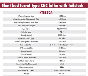 HTB850A 800mm Max yatak üzerinde salıncak Metal işleme yatay taret tipi CNC eğimli yatak torna makinesi