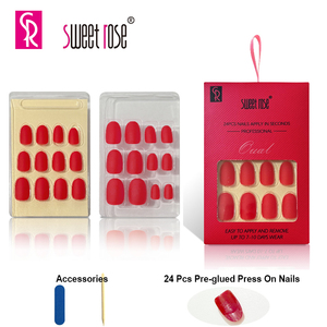 Lot de 24 <span class=keywords><strong>faux</strong></span> <span class=keywords><strong>ongles</strong></span> à presser pré-collés Sweet Rose, rouge mat, ovales, courts, couvrants, pour femmes - Product Image 1