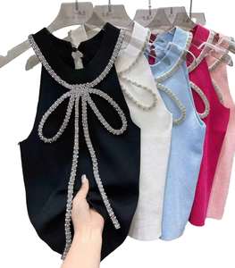 Luxury Halter Neck Breathable Y2K Style Diamond Bow Embroidery Knitted Tank <b>Top</b> for Women 2025 Summer Slim <b>Crop</b> <b>Top</b> - Product Image 1