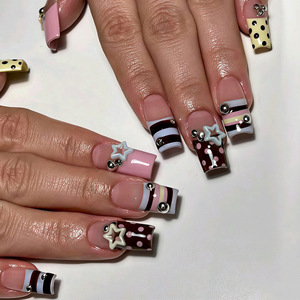Arte de uñas con lunares franceses en rosa y negro, muy vendido en primavera y verano, arte de uñas con lunares negros y rayas, dulce y moderno. - Product Image 2