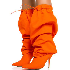Wide Fit Top Women Orange Over Knee High <b>Boots</b> Side Zipper Stiletto Ladies Pointed Toe Lace up Shoes Thigh High Long Booties - Product Image 3