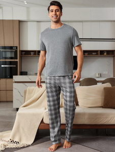 Ensemble de pyjama d'été de luxe personnalisé pour homme, vêtements de détente doux à manches courtes et pantalon long, fournisseur de vêtements de nuit - Product Image 4