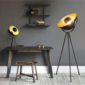 Lâmpada de chão industrial, lâmpada de chão de metal para sala de estar, lâmpada de palco com lâmpada interna de ouro para fora preto