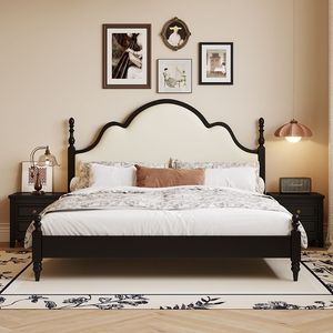 Lit double en bois de style américain 1,5 m, vintage moderne, rembourré avec rangement, pour chambre principale, lit de mariage - Product Image 1