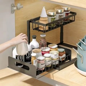 Organisateur de <span class=keywords><strong>cuisine</strong></span> étagère d'évier empilable à 2 niveaux sous l'évier organisateur d'armoire supports de rangement en métal et étagères Double Rectangle Spice - Product Image 4