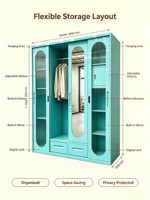Armoire en acier à 4 portes de grande capacité avec espace de suspension et multiples étagères de rangement
