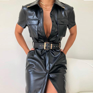 <strong>Women</strong> Black PU Short Sleeve Solid Turn-down <strong>Collar</strong> Pocket Design PU Shirt <strong>Dress</strong> with Belt Workwear Banquet Party - Product Image 1