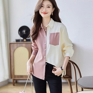 Blus Kantor Wanita Gaya Korea Longgar Elegan, Warna Blok, Hiasan Saku, Lengan Panjang - Product Image 1