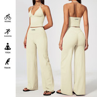 Ensemble de sport personnalisé brossé pour femme : débardeur dos nu à col halter et pantalon évasé taille haute rehausseur de hanches – Ensembles de yoga
