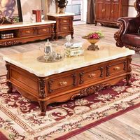 Table basse carrée en bois massif de style européen avec tiroirs et plateau en marbre, idéale pour les appartements et les villas, meubles de salon
