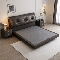 Lit plateforme moderne de luxe italien minimaliste avec tête de lit plissée douce en cuir gris anthracite, disponible en tailles King et Queen