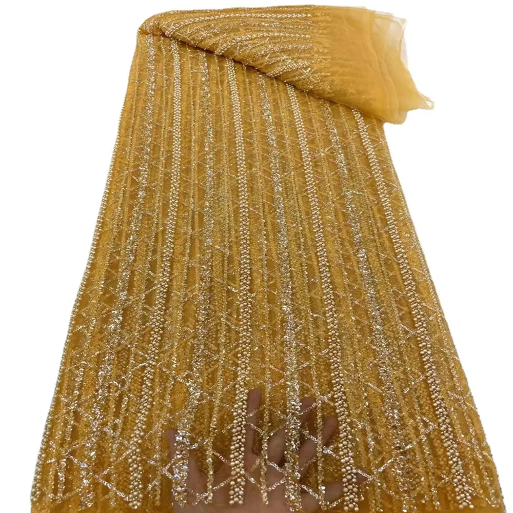 Vải Ren Vải Tuyn Thêu Đính Kim Cương Ngọc Trai Hạt Vàng Thủ Công Hoa 3D Sang Trọng Dubai Dày Chất Lượng Cao Cho Buổi Tối/