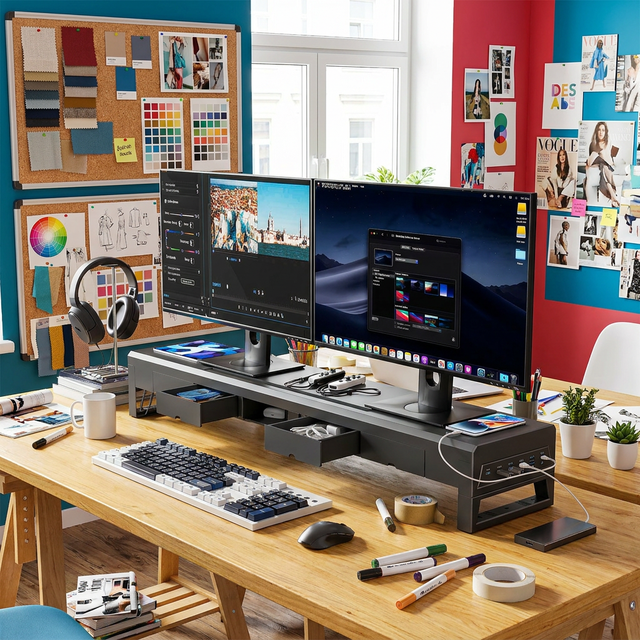 Flagship 1100mm Dual Monitor Riser Workstation with 3 Drawers, High-Speed USB 3.0 Hub & Wireless Fast Charging