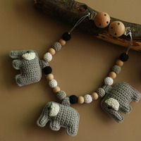 Anneau de dentition au crochet pour bébé, avec attaches tétine, en forme d'éléphant, fait à la main, style Montessori,