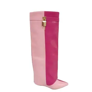 new customized Pink Leather Patchwork Overlay Knee High Boots Ladies Wedge Heels Shoes Folded Pointed toe Shark Lock Long Bootie