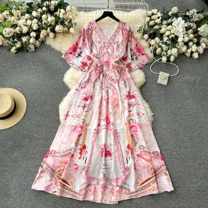 Customized European American printed sleeve V-neck slim fit long dress