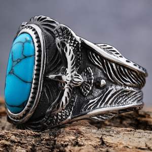 Anillo masculino de acero inoxidable con águila turquesa personalizable estilo Punk incrustaciones de piedras preciosas fiesta de boda cristiana Dropshipping disponible - Product Image 3